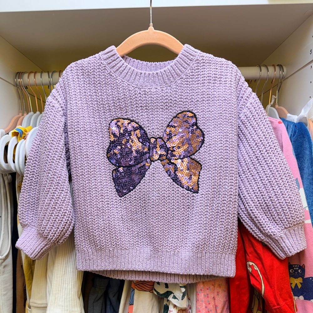 Purple Chenille Sweater with Sequin Bow